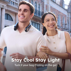 Man and woman wearing portable neck fans while walking outdoors