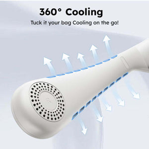Portable neck fan showing 360 degree airflow with directional arrows