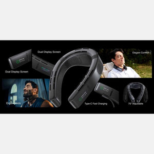 Torras Coolify Cyber neck fan showing dual display screens, ergonomic fit, Type-C charging, and adjustable design