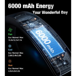 Torras neck fan internal 6000 mAh battery and circuit board diagram with fan cool and heat mode run times