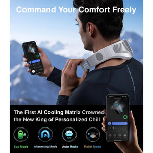 Person wearing a Coolify Cyber neck fan controlled by a smartphone app showing various cooling modes