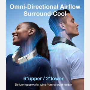 Two people wearing portable neck fans with omni directional airflow features