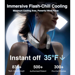 Torras neck fan providing cooling relief to a person