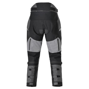 Tourmaster motorcycle riding pants in black and grey with zippered vents and adjustable leg straps