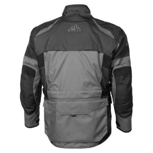 Back view of a grey and black Tourmaster motorcycle jacket with a mountain logo