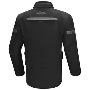 Back view of a black Tourmaster motorcycle jacket with reflective detailing