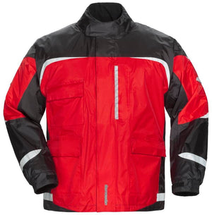 Tourmaster red and black motorcycle rain jacket with reflective accents
