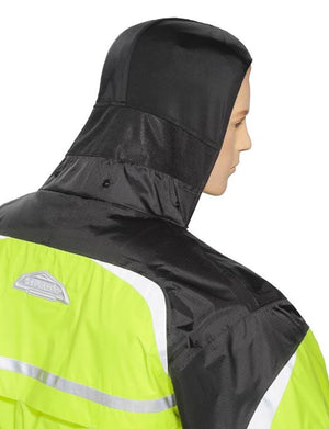 Tourmaster high visibility yellow and black motorcycle rain jacket with hood on mannequin