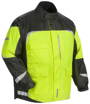 Tourmaster high visibility yellow and black motorcycle rain jacket with reflective strips