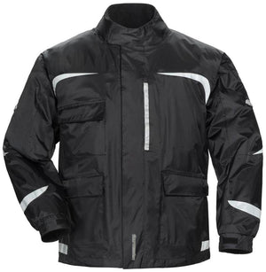 Tourmaster black motorcycle rain jacket with reflective accents and multiple pockets