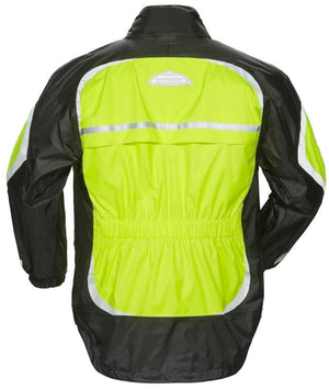 Back view of a Tourmaster high visibility yellow and black motorcycle rain jacket