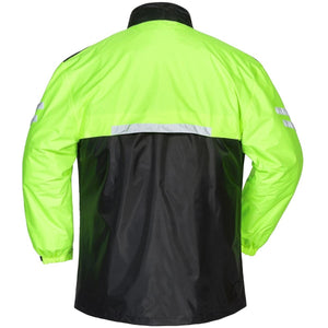 Back view of Tourmaster high visibility yellow and black motorcycle rain jacket with reflective strips