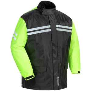 Tourmaster black and high visibility yellow waterproof motorcycle rain jacket with reflective stripes