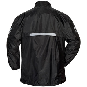 Back view of a black waterproof rain jacket with reflective strips on the sleeves and back