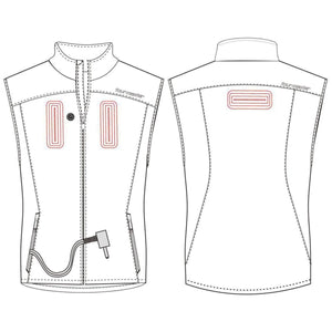 Tourmaster heated vest technical line drawing showing front and back views with heating element placement