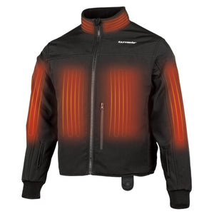 Tourmaster black heated motorcycle jacket with glowing orange heating elements on chest collar and sleeves