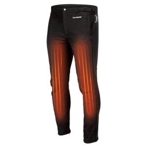 Tourmaster black heated motorcycle pants with glowing orange heating elements on the thighs