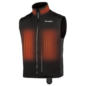 Tourmaster black heated vest with glowing red heating elements on chest and collar