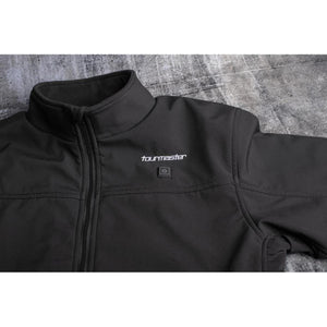 Tourmaster black heated jacket with power button on chest