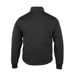 Back view of a black Tourmaster motorcycle jacket with a high collar and ribbed cuffs