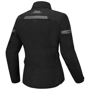 Back view of black Tourmaster motorcycle jacket with reflective accents