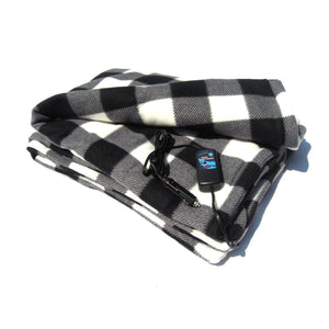 Trillium Worldwide black and white plaid electric blanket with 12V car adapter
