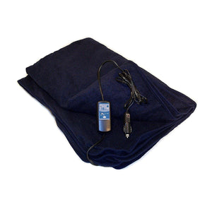 Trillium Worldwide navy blue 12 volt electric fleece blanket with power cord and controller