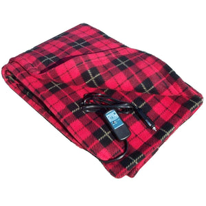 Trillium Worldwide red and black plaid 12 volt heated travel blanket with power cord and controller