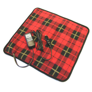 Trillium Worldwide red plaid heated seat cushion with 12V car adapter and controller