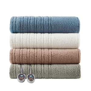 True North by Sleep Philosophy stacked heated blankets in blue white tan and grey with two controllers