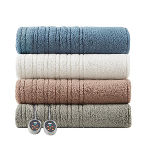 True North by Sleep Philosophy stacked heated blankets in blue white tan and grey with two controllers