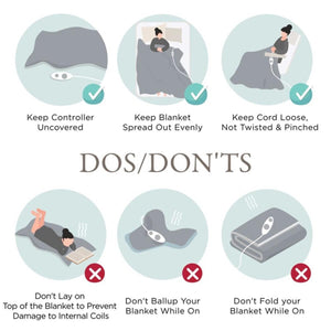 True North by Sleep Philosophy electric blanket safety guide showing proper usage and prohibited actions