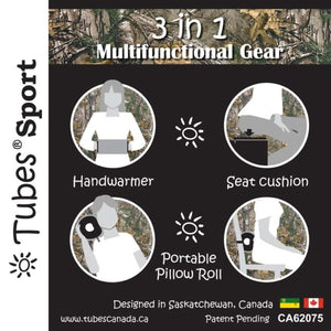 Tubes Sport 3 in 1 multifunctional gear showing handwarmer seat cushion and portable pillow roll functions