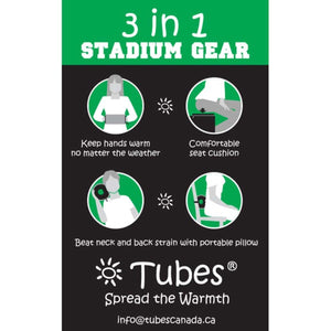 Tubes 3 in 1 stadium gear infographic showing hand warmer, seat cushion, and portable pillow functions