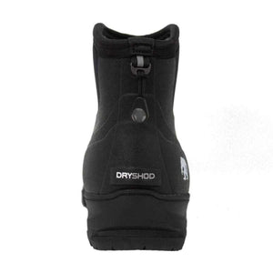 Back view of black Dryshod rubber boot with pull tab and logo