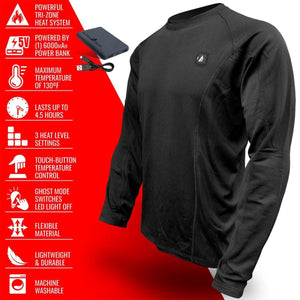 ActionHeat black long sleeve heated shirt with power bank and feature list