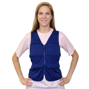 Woman wearing a blue Polar Products cooling vest over a light pink shirt