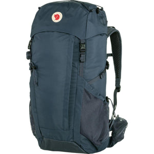 FjallRaven Abisko blue hiking backpack with side mesh pockets and adjustable straps