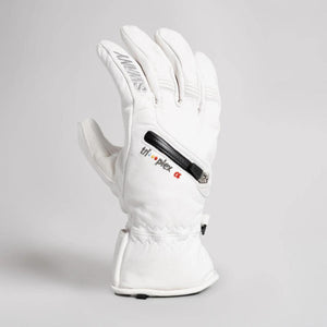 Swany white leather glove with zippered pocket and triplex alpha branding