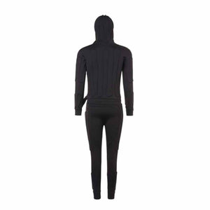 Back view of CompCooler black liquid cooling full body suit with integrated tubing