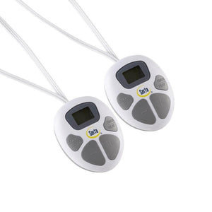 Two white Serta heated blanket controllers with digital displays and push buttons