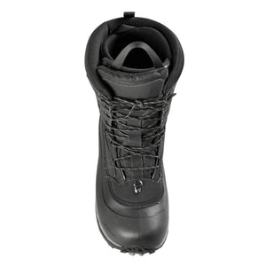 Top view of a black winter boot with laces and a rubberized toe cap