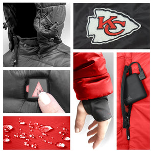 ActionHeat heated jacket features including Kansas City Chiefs logo, battery pack, and water resistant fabric