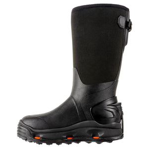 Korkers black waterproof tall rubber boot with orange sole accents