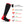 Black and red heated socks with battery specifications and three heat settings displayed