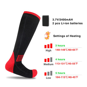 Black and red heated socks with battery specifications and three heat settings displayed