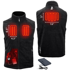 ActionHeat black heated vest showing front and back heating element dimensions and battery pack