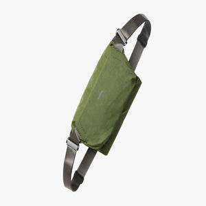 Bellroy olive green sling bag with adjustable grey strap
