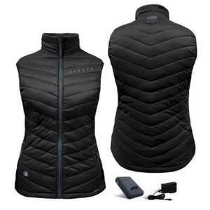 Aheata black quilted heated vest with front and back views plus battery pack and charger