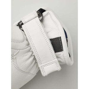 Close up of white Hestra glove wrist strap